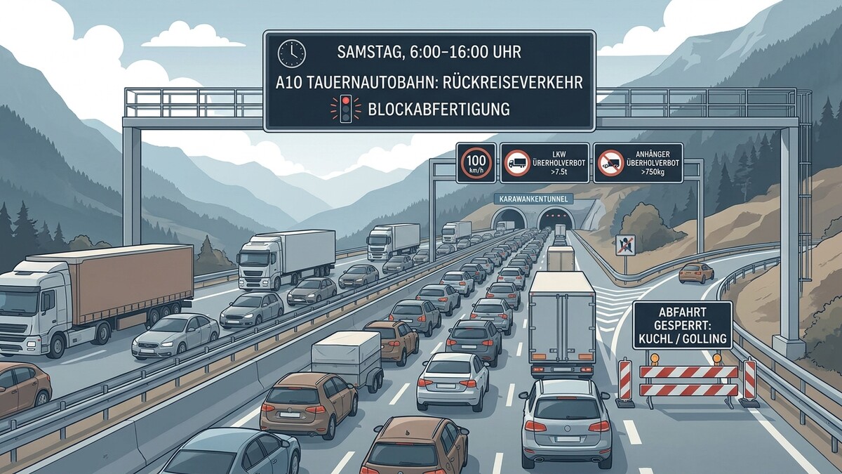 A10 Tauernautobahn: Rückreiseverkehr mit Stau vor Karawankentunnel, Abfahrt Kuchl/Golling gesperrt.