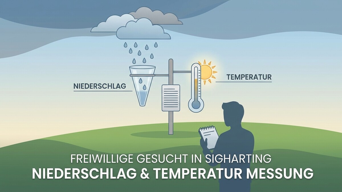 Niederschlagsmessung und Temperaturmessung in Sigharting mit Person, die Notizen macht