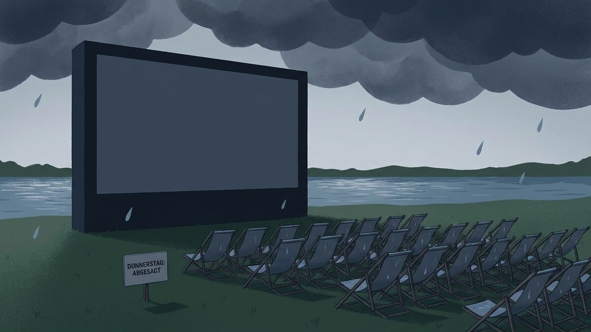 Open-Air-Kino abgesagt wegen Regen, leere Liegestühle am Seeufer