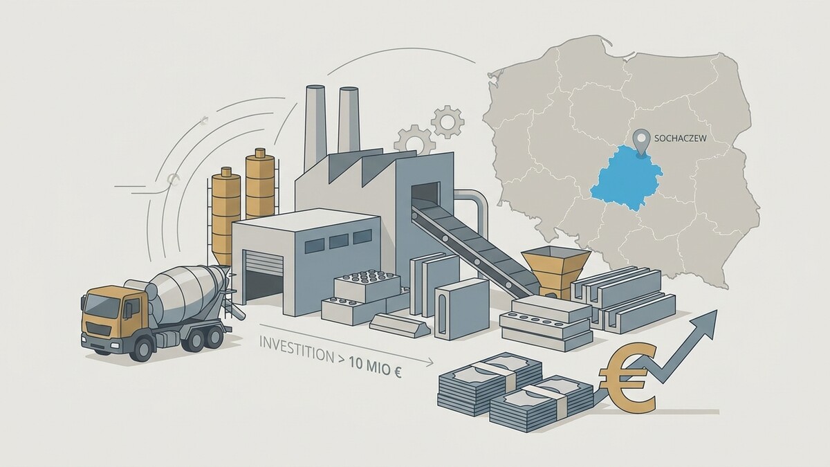 Bauindustrie in Sochaczew: Betonmischer vor Fabrik, Baustoffe, Geld und Wachstumspfeil.