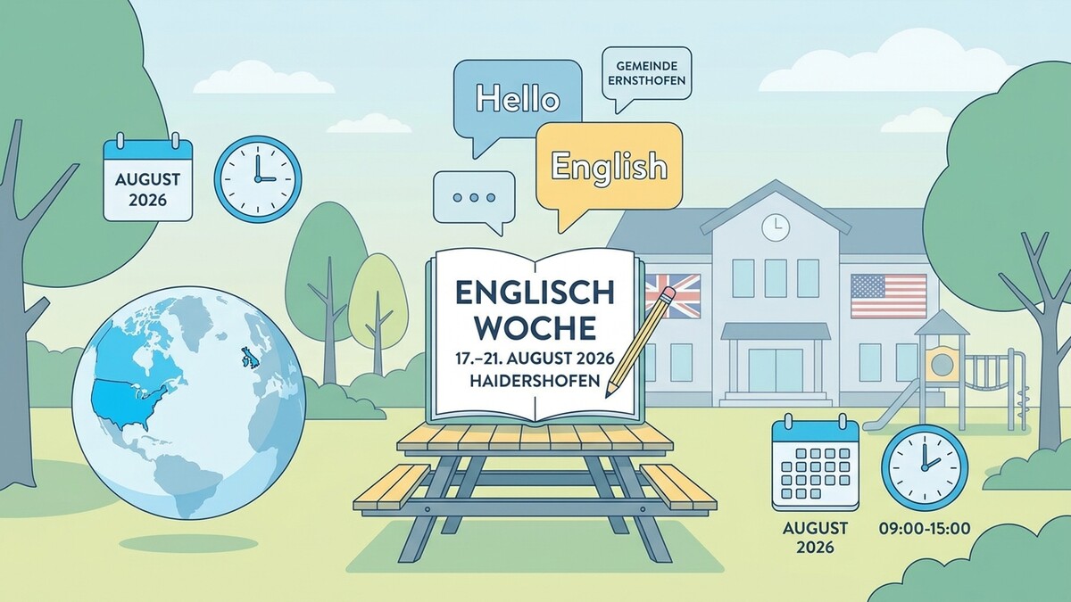 Englisch Woche Haidershofen August 2026 mit Schulhaus, Globus und Spielplatz
