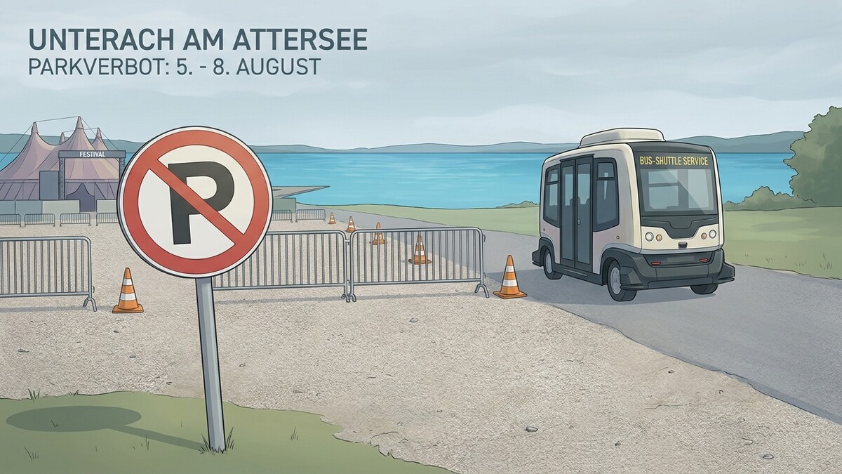 Parkverbot Unterach am Attersee: Festival-Bus-Shuttle-Service mit Absperrungen und Schild