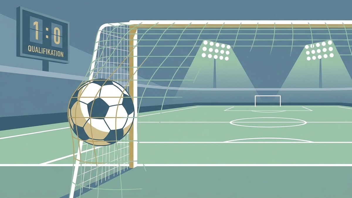 Fußballtor mit Ball im Netz, Anzeigetafel zeigt 1:0 Qualifikation, Stadionlichter leuchten