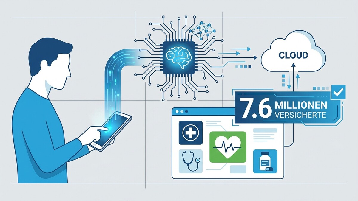 Versicherte mit Tablet und Cloud-Anbindung an einen Chip mit Gehirn-Symbol
