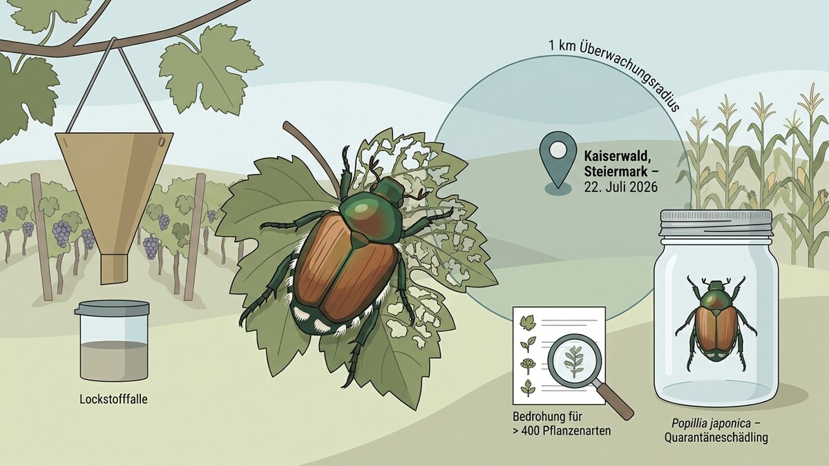 Popillia japonica-Schädling in Kaiserwald, Steiermark, mit Lockstofffalle und Überwachungsradius