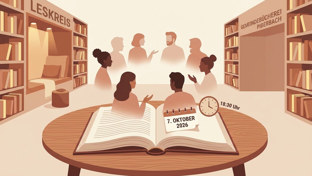 Lesekreis Piberbach: Menschen diskutieren bei einem offenen Buch und Kalender am 7. Oktober 2026 um 18:30 Uhr.