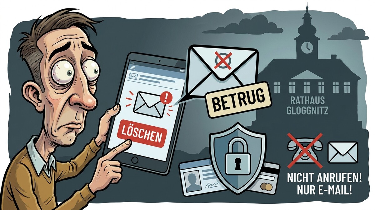 Betrugs-E-Mail am Handy: Mann löscht Nachricht vor Rathaus Gloggnitz mit Warnsymbolen.