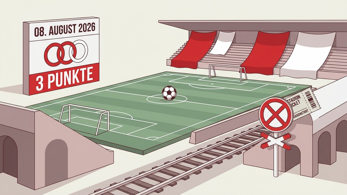 Fußballstadion mit Anzeigetafel "08. August 2026 3 Punkte" und Zugstrecke
