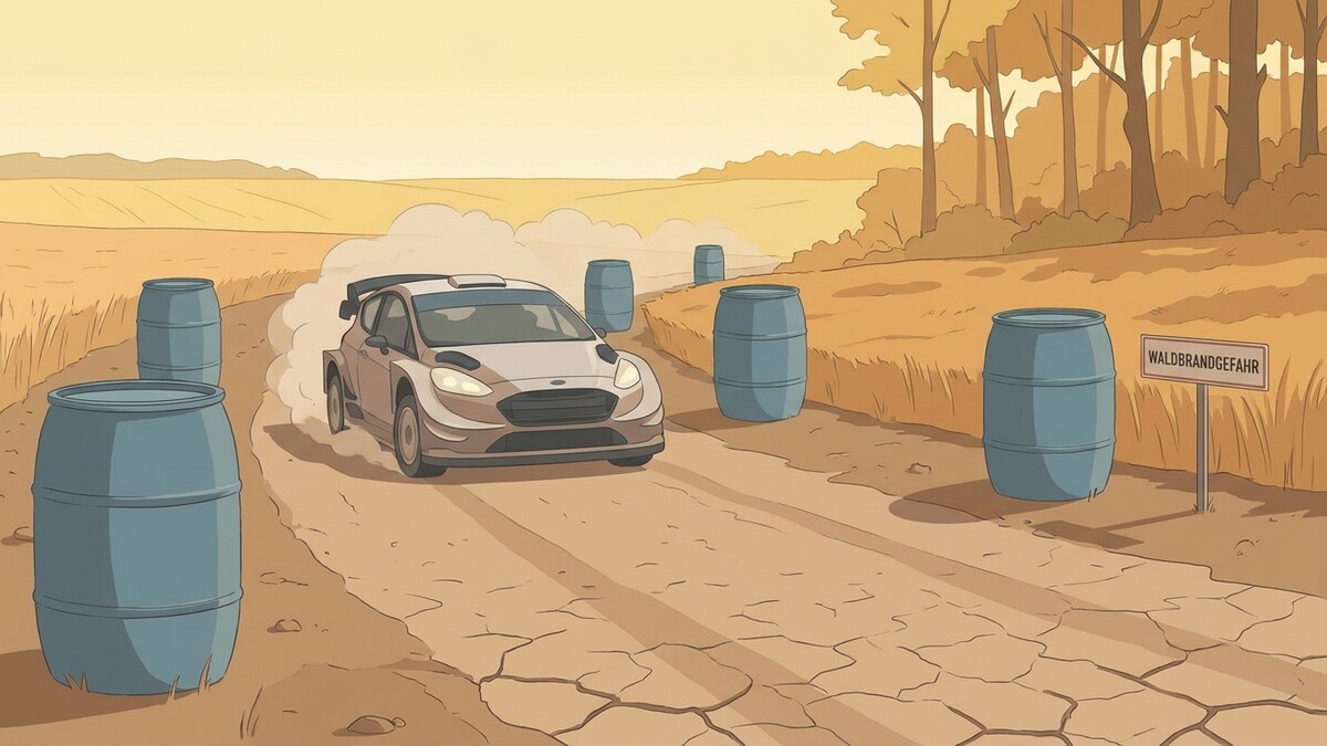 Rennauto auf staubiger Straße mit Holzfässern und Waldbrandgefahr-Schild