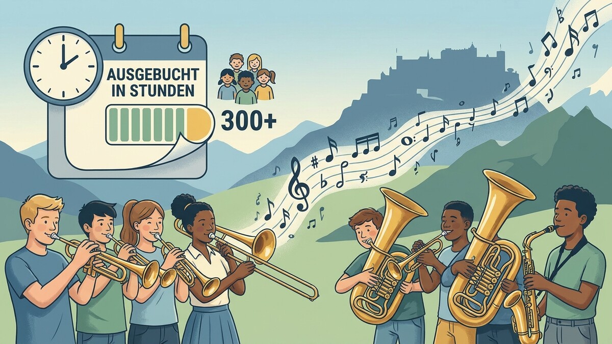 Jugendliche spielen Blasinstrumente vor Schlossberg in Graz, 300+ Stunden ausgebucht