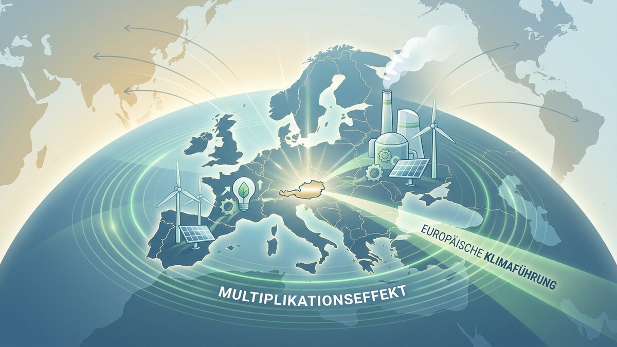 Österreich im Zentrum Europas, umgeben von erneuerbaren Energien und globalen Effekten