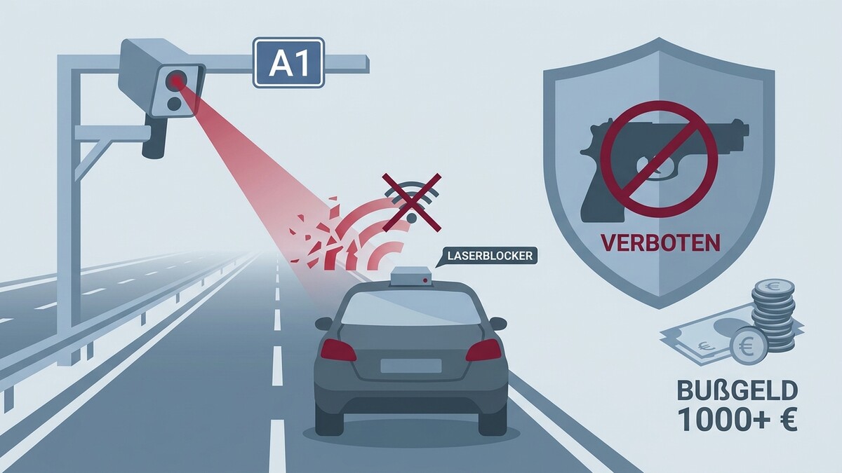Laserblocker auf Auto auf A1 Autobahn stört Radarmessung, Bußgeld 1000+ Euro.