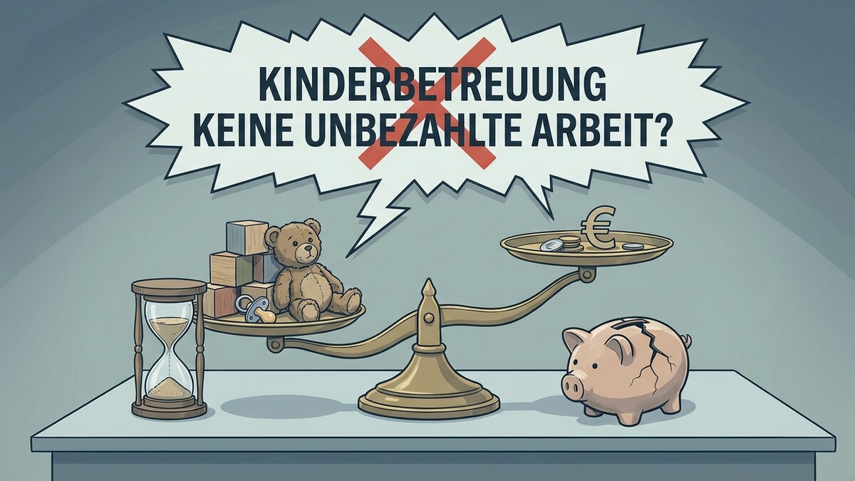 Kinderbetreuung: Keine unbezahlte Arbeit? Waage mit Teddybär und Spielzeug gegen Geld und Sparschwein.