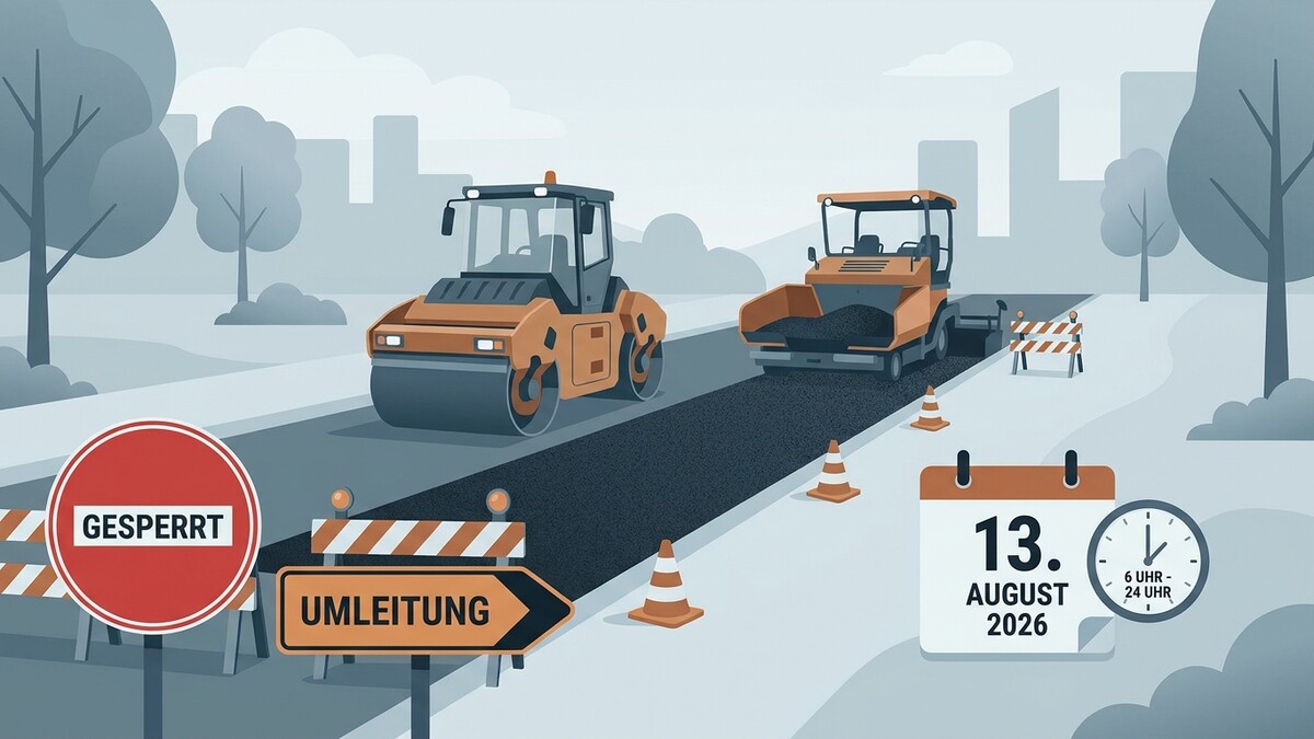 Straßenarbeiten mit Dampfwalze und Asphaltfertiger, Sperre und Umleitung am 13. August 2026