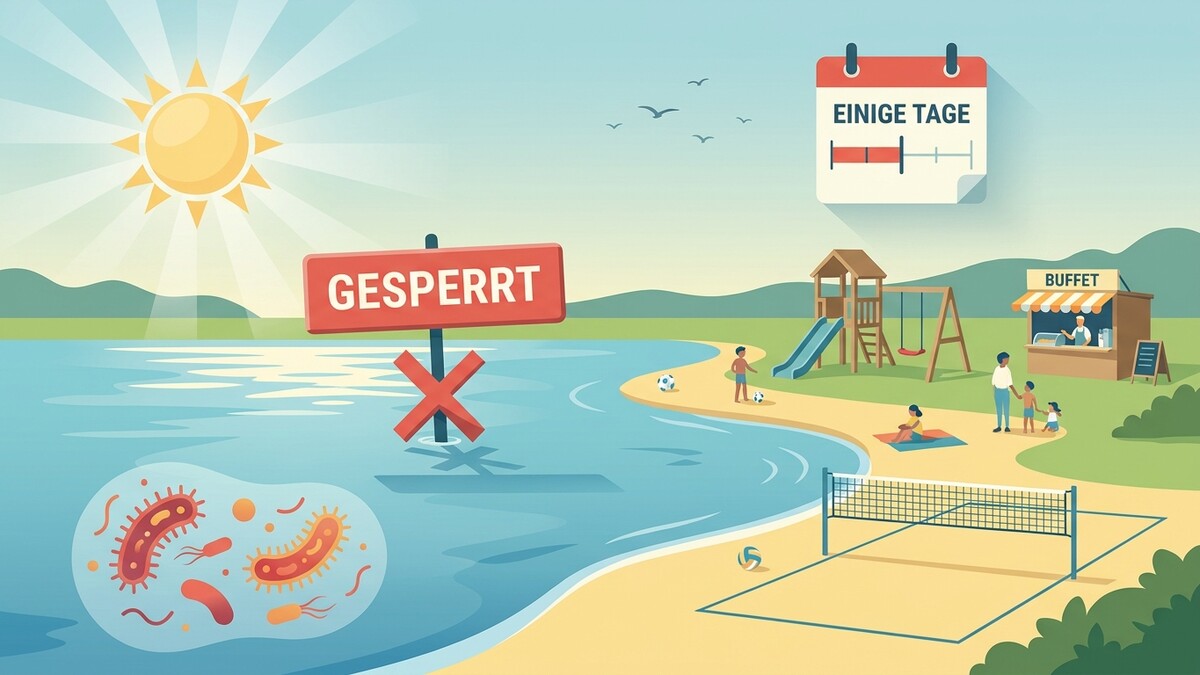 Bakterien im Wasser, gesperrte Badesee, Spielplatz, Buffet und Volleyballplatz, Sonne