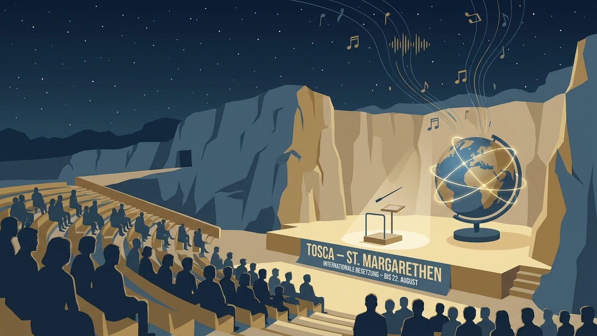 Tosca St. Margarethen: Globus mit Musiknoten und Publikum im Steinbruch