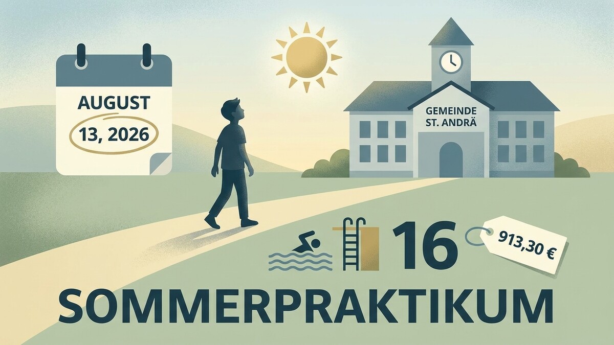 Sommerpraktikum in St. Andrä: Kalenderblatt 13. August 2026, Junge vor Gemeindeamt, Schwimmbecken, 16 Jahre, 913,30 €