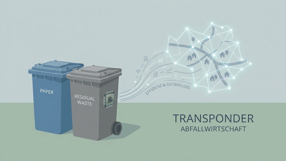 Transponder Abfallwirtschaft: Mülltonnen mit Chip, Datenfluss und Stadtplan-Netzwerk