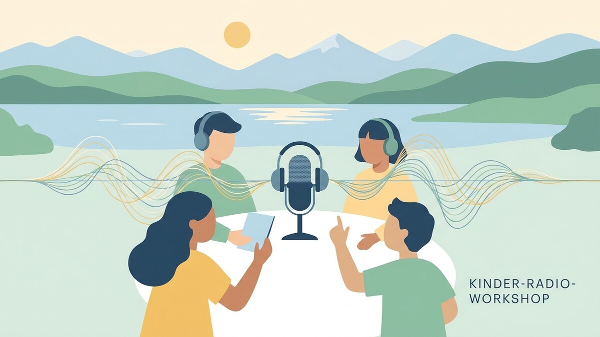 Kinder-Radio-Workshop mit vier Personen, Mikrofon und Kopfhörern vor Berg- und Seenlandschaft