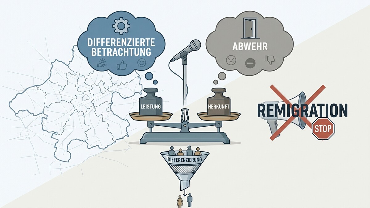 Karikatur: Waage mit Leistung und Herkunft, Trichter für Differenzierung, Stoppschild mit Megafon
