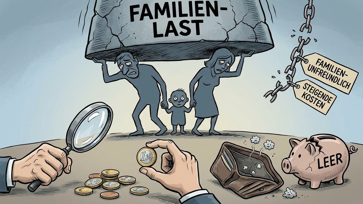 Familienlast drückt auf Eltern und Kind, leere Geldbörse, Sparschwein leer, zwei Anhänger: familienunfreundlich, steigende Kosten.