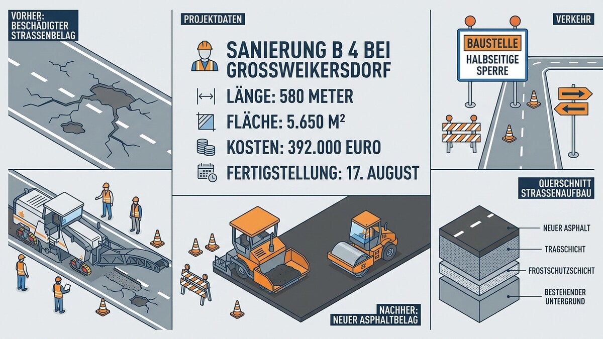 Sanierung B4 bei Großweikersdorf: Baustelle mit Maschinen, Verkehrsschildern und Schichtenaufbau des Straßenbelags.