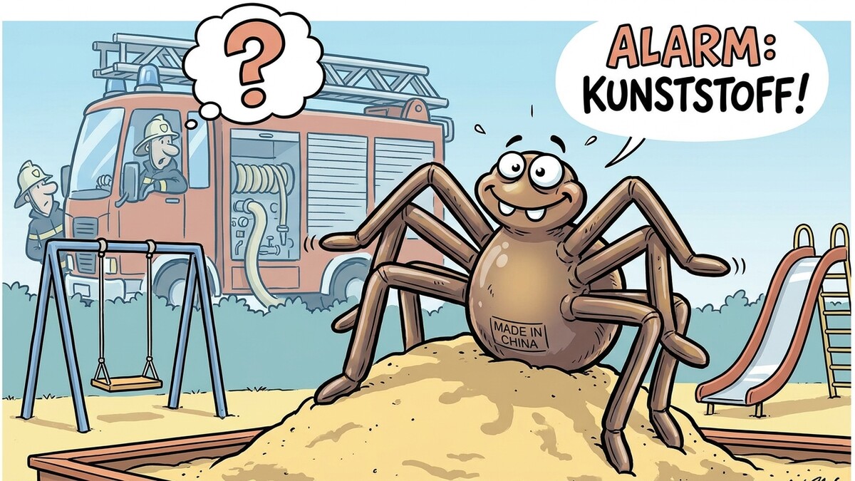 Spinne im Sandkasten mit Feuerwehrauto und Rutsche, Alarm: Kunststoff!