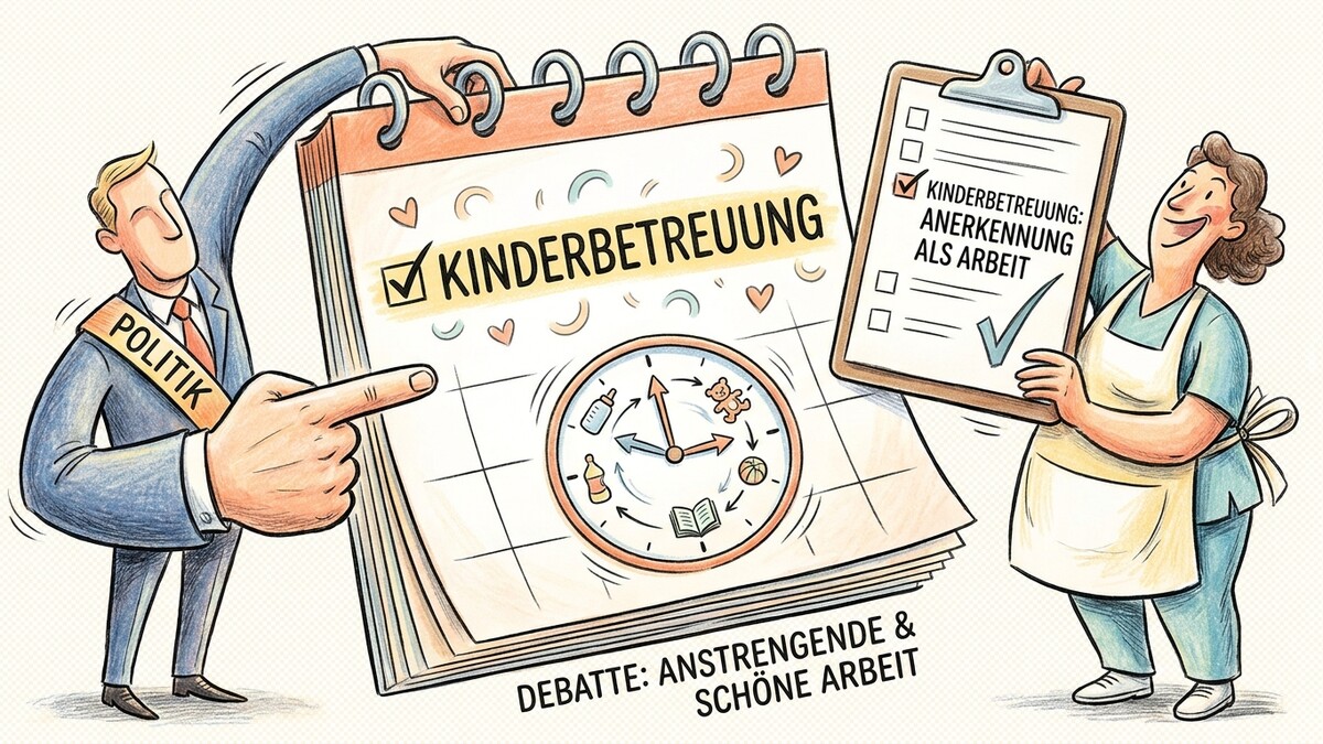 Kinderbetreuung: Anerkennung als Arbeit, ein Mann mit Politik-Schärpe und eine Frau mit Schürze.
