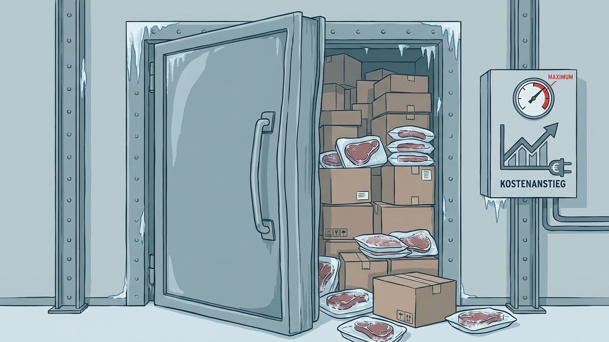 Gefrierschrank mit verpacktem Fleisch und Kartons, daneben ein Schild mit Kostenanstieg-Symbol