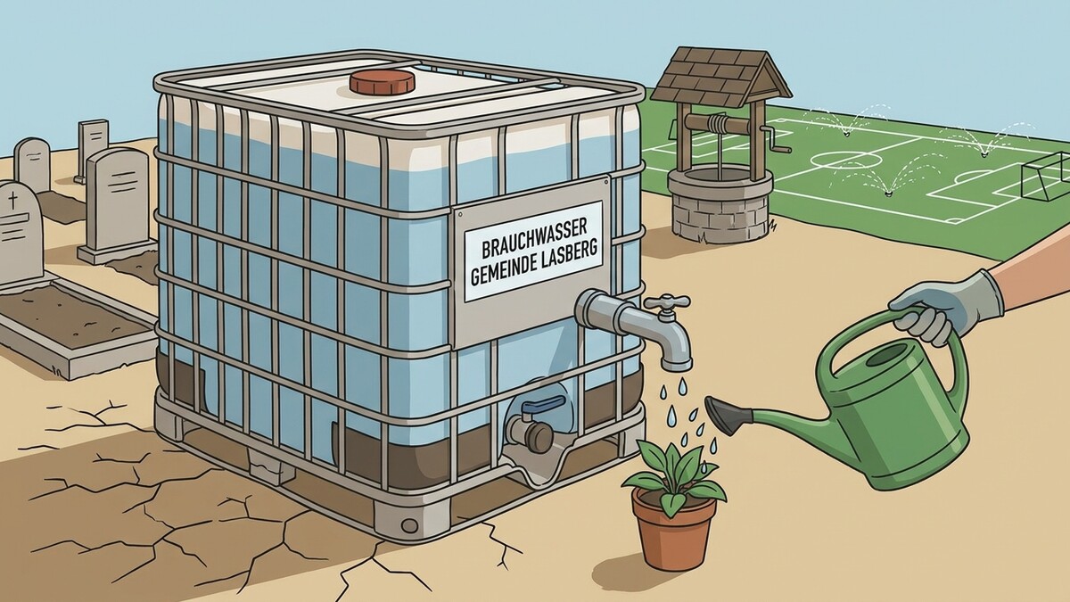 Gießkanne bewässert Pflanze neben IBC-Container mit der Aufschrift "Brauchwasser Gemeinde Lasberg"