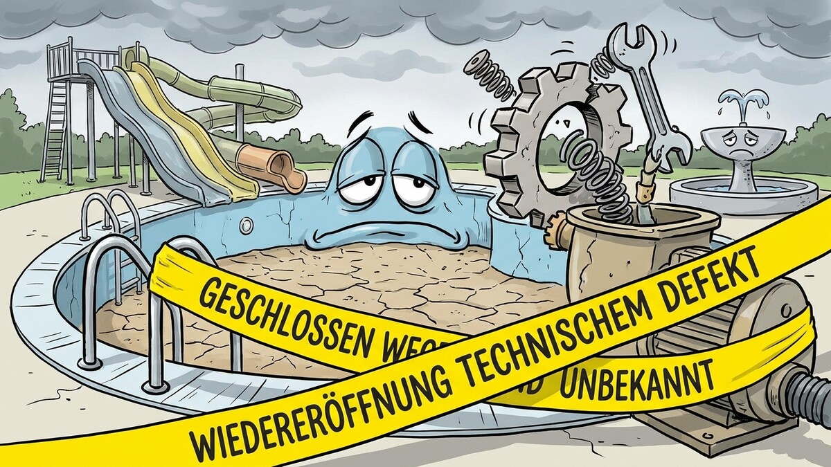 Schwimmbecken mit Rutschen und trauriger Wasserfigur, gelbes Absperrband mit Text "GESCHLOSSEN WEGEN TECHNISCHEM DEFEKT WIEDERERÖFFNUNG UNBEKANNT"