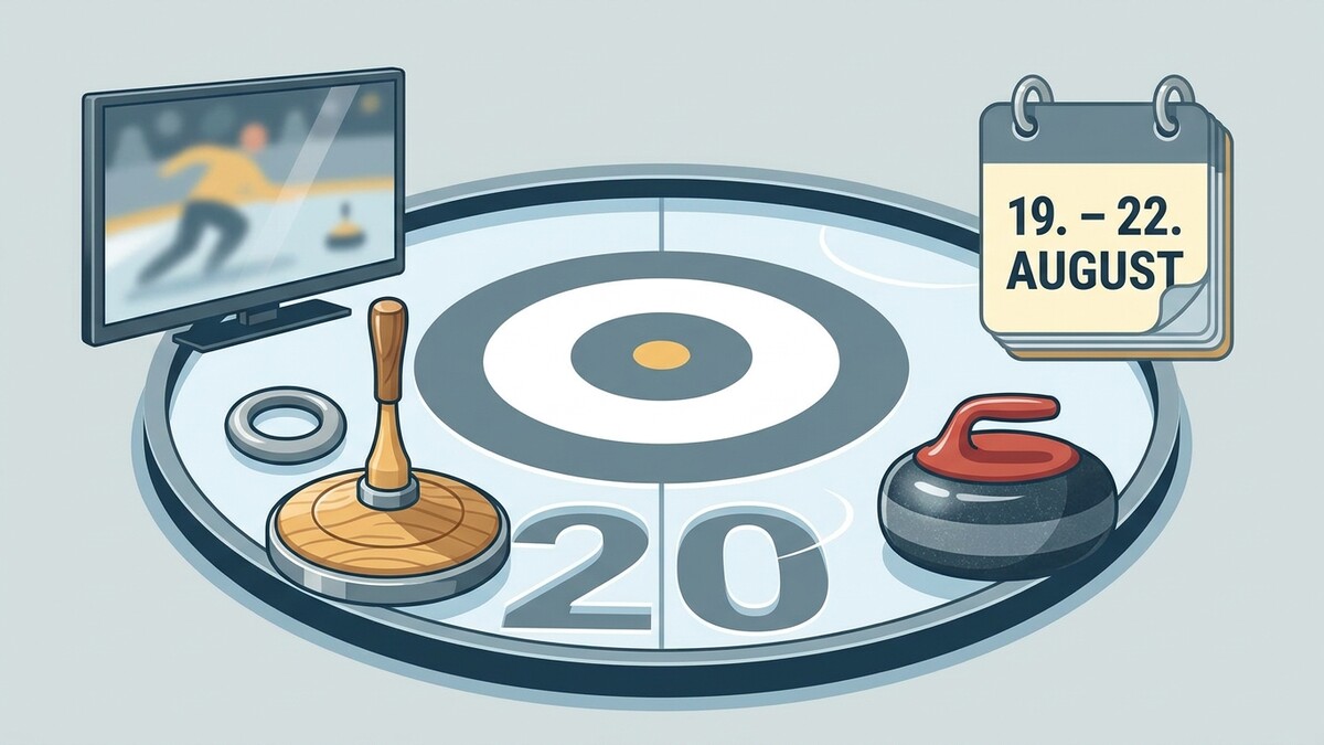 Curling-Ausrüstung und Kalender mit 19.-22. August auf einem Eis.
