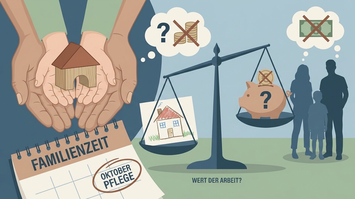 Familienzeit: Waage zeigt Haus gegen Sparschwein und Familie, Kalenderblatt mit "Oktober Pflege"