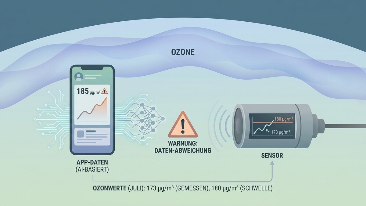 Ozonwerte: Sensor misst 173 µg/m³, App zeigt 185 µg/m³ an, Warnung wegen Datenabweichung.