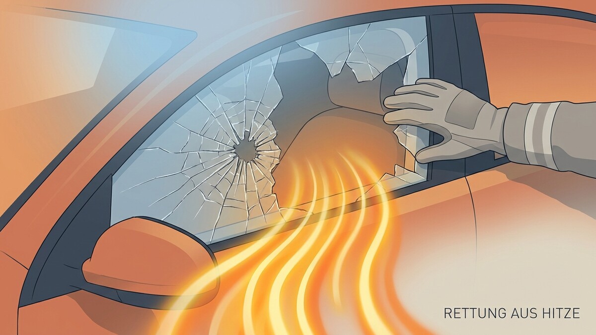 Rettung aus Hitze: Feuerwehrmann greift durch eingeschlagenes Autofenster in orangefarbenes Auto.