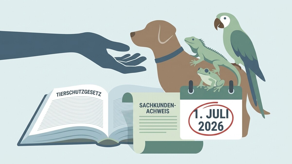 Tierschutzgesetz: Hund, Echse, Frosch und Papagei mit Sachkundenachweis und Kalender 1. Juli 2026