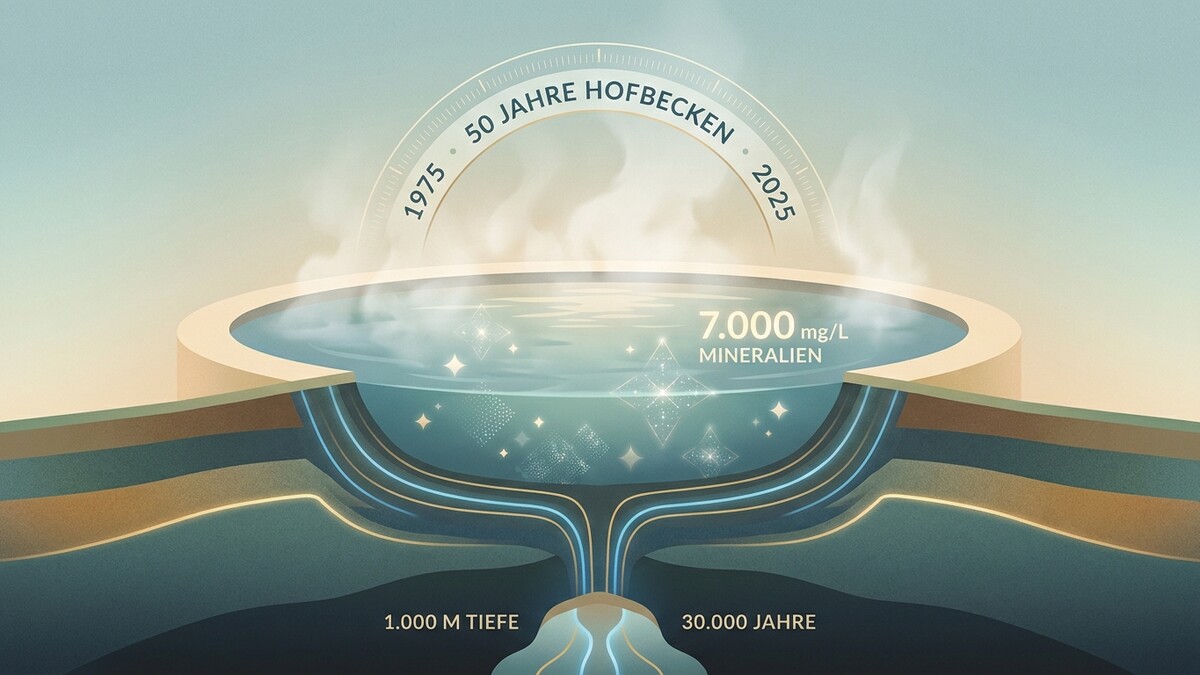 Hofbecken mit 7.000 mg/L Mineralien aus 1.000 m Tiefe, 30.000 Jahre alt