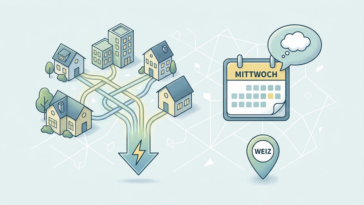 Weiz: Häuser, Kalender mit Mittwoch, Energiepfeil und Ortsmarkierung