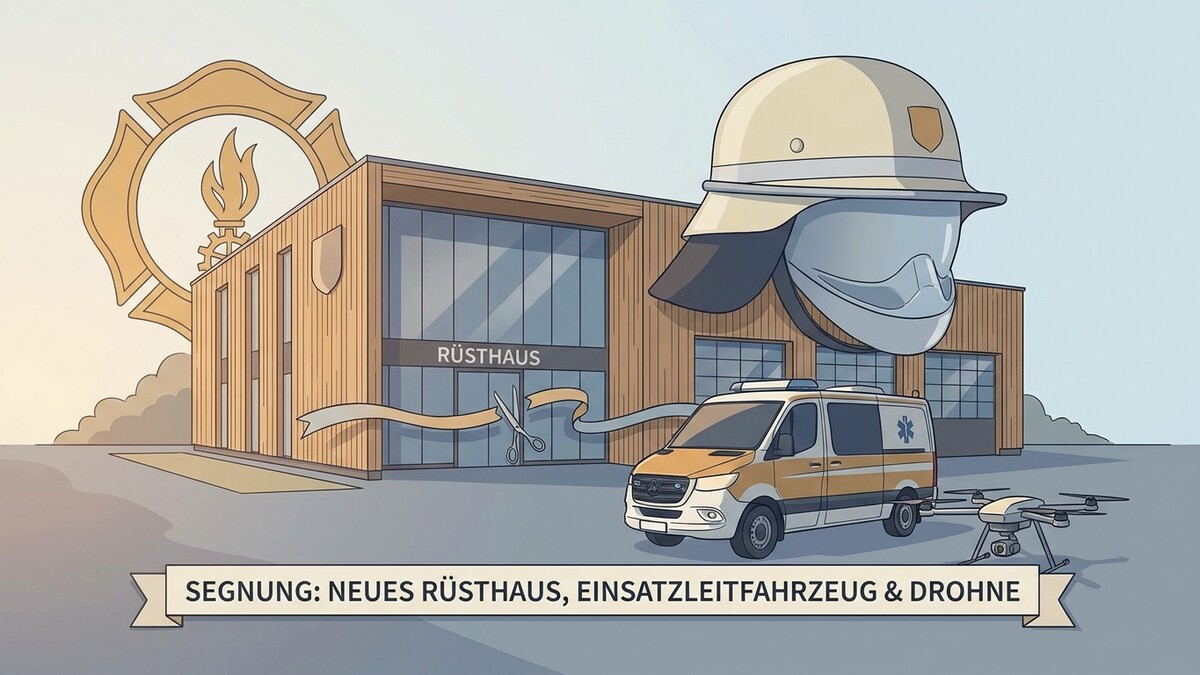 Rüsthaus mit Fahrzeug und Drohne, Eröffnungsband mit Schere und Helm