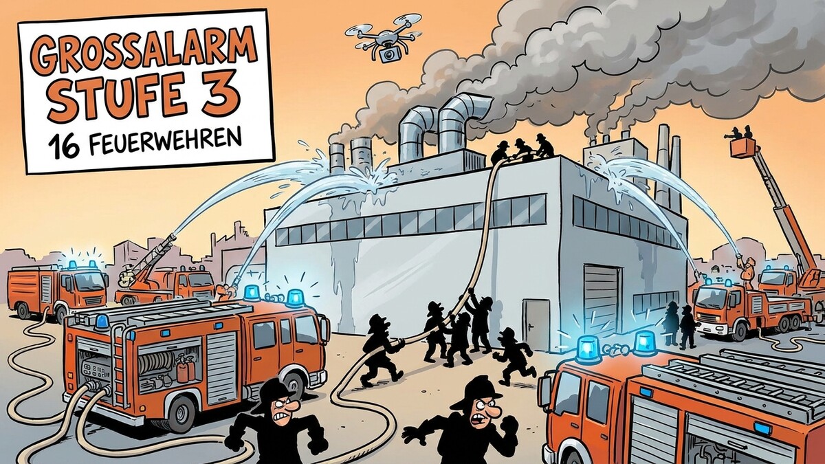 Feuerwehrleute bekämpfen Grossbrand in Industrieanlage mit vielen Feuerwehrautos und Drohne