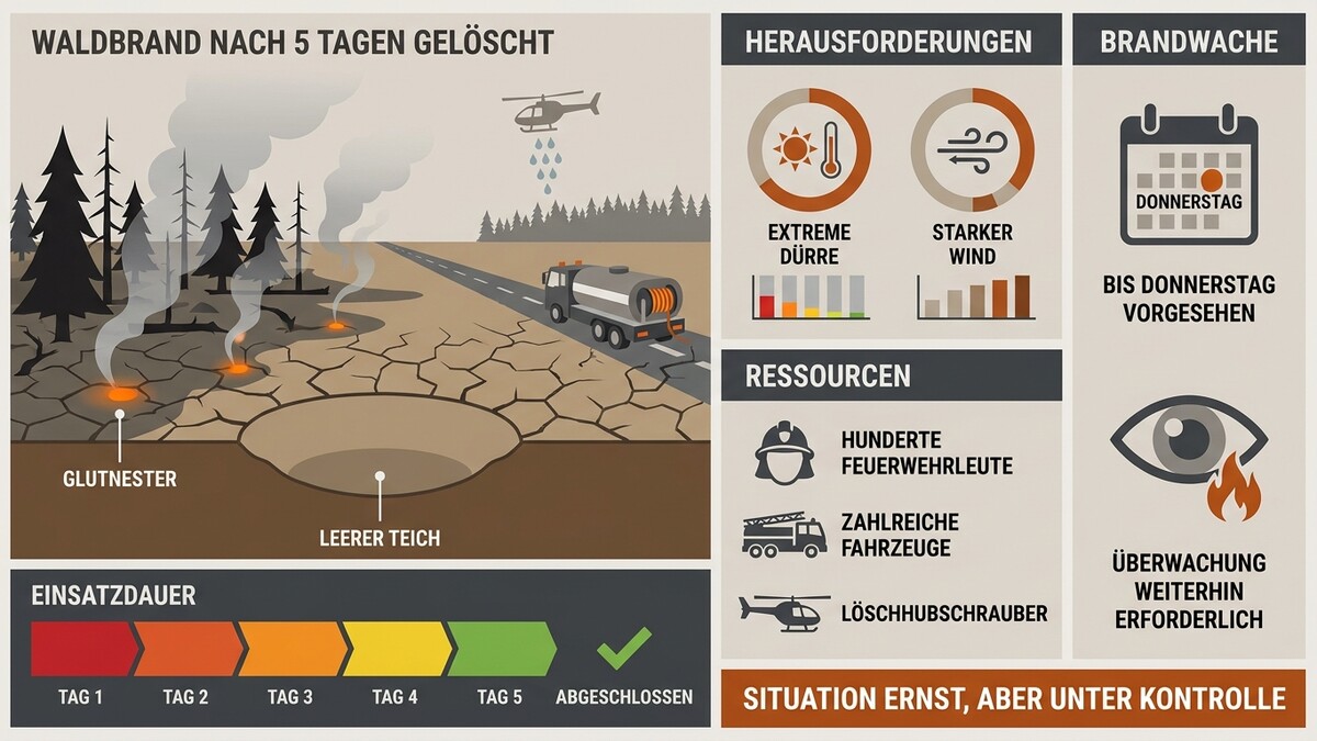 Waldbrand nach 5 Tagen gelöscht: Grafik zeigt Glutnester, leeren Teich, Löschhubschrauber und Tankwagen.