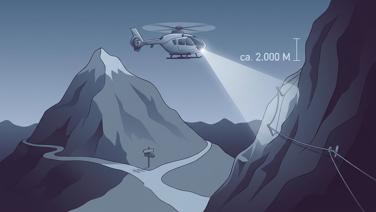 Helikopter beleuchtet Bergwand ca. 2.000 Meter hoch, Bergstraße mit Wegweiser