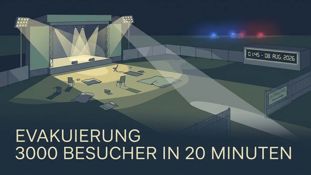 Evakuierung eines Konzertgeländes mit Bühne, zurückgelassenen Decken und Stühlen, Einsatzfahrzeugen und einer Anzeigetafel.