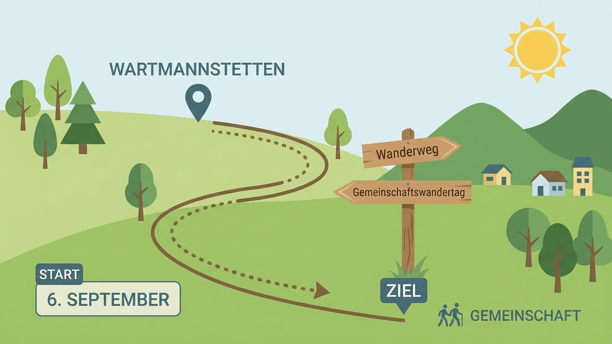 Gemeinschaftswandertag: Start 6. September, Wegweiser mit Wanderweg und Gemeinschaftswanderweg, Ziel