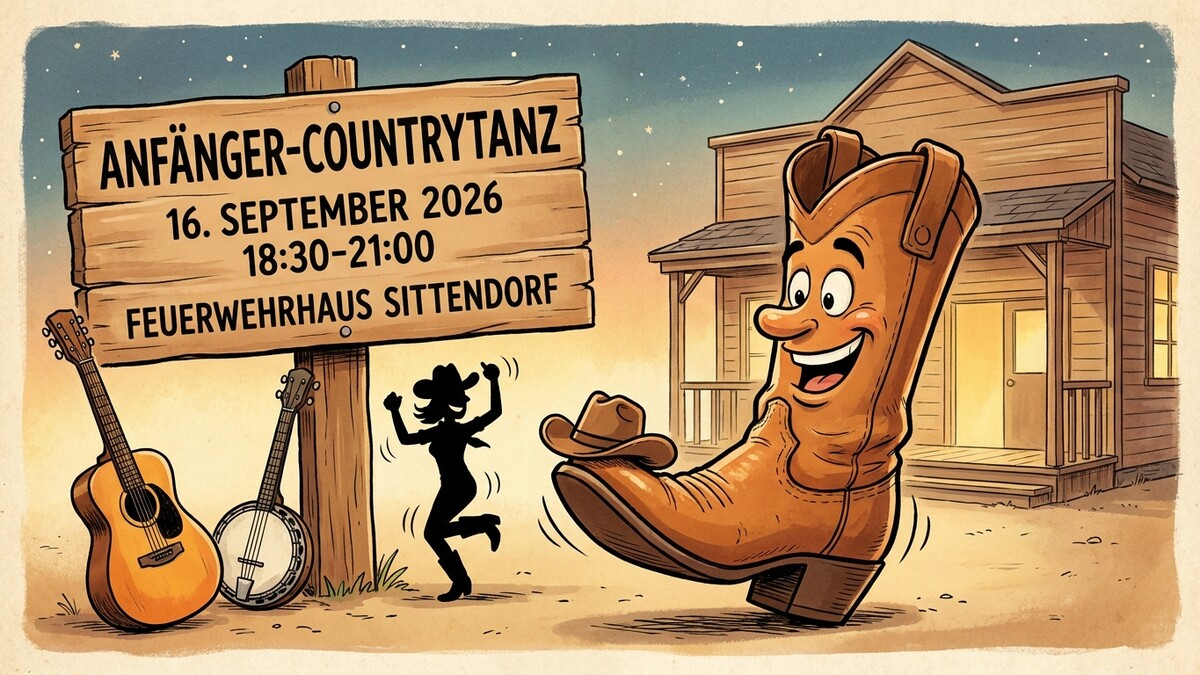 Countrytanz-Veranstaltung in Sittendorf mit Holzschild, Gitarre, Banjo und tanzender Silhouette