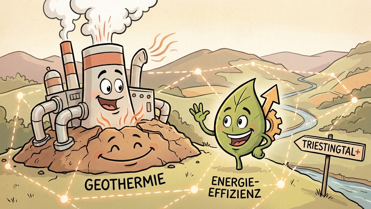 Geothermie und Energieeffizienz in der Landschaft des Triestingtals mit einer Fabrik und einem Blatt.