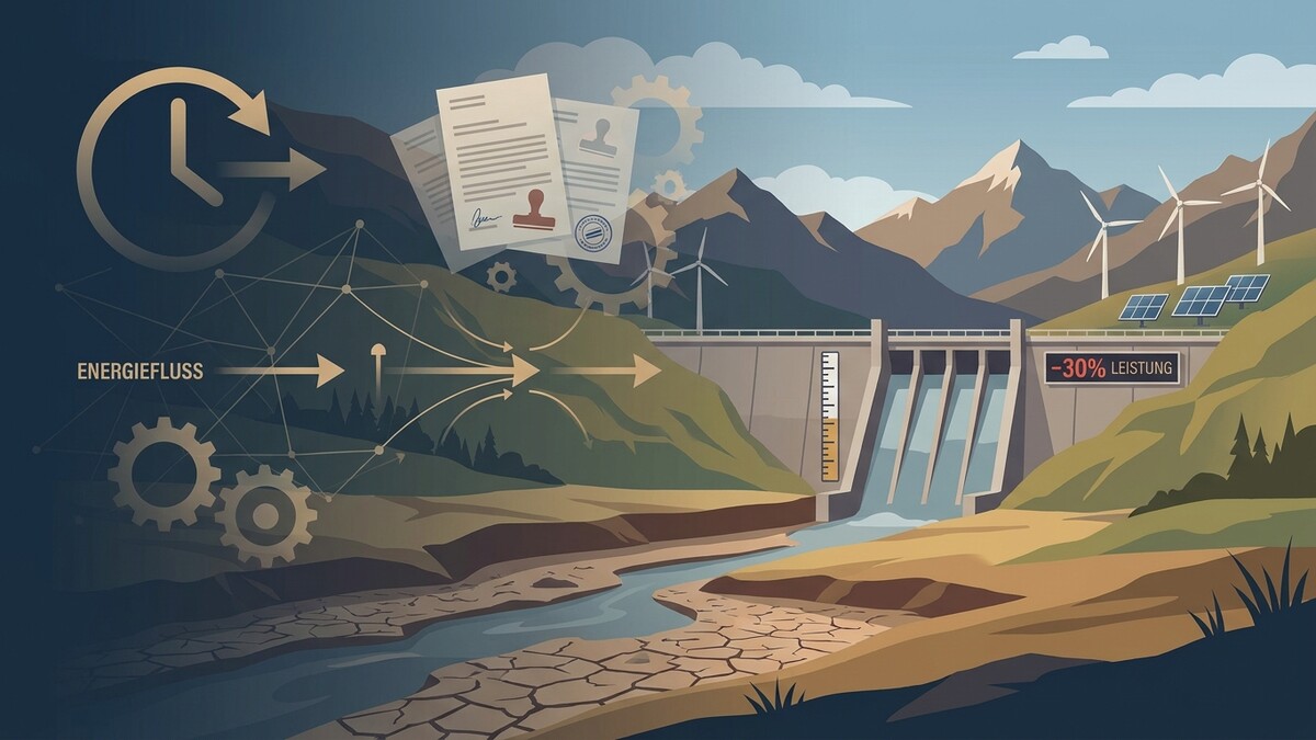 Wasserkraftwerk mit geringer Leistung, Windrädern und Solaranlagen in Berglandschaft