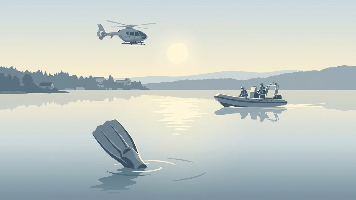 Taucherflosse im Wasser, Polizeiboot mit Personen, Hubschrauber über See und Küste