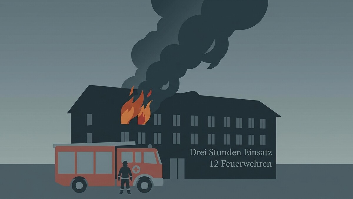 Feuerwehr im Einsatz vor brennendem Gebäude mit Rauch und Flammen, rotes Feuerwehrauto