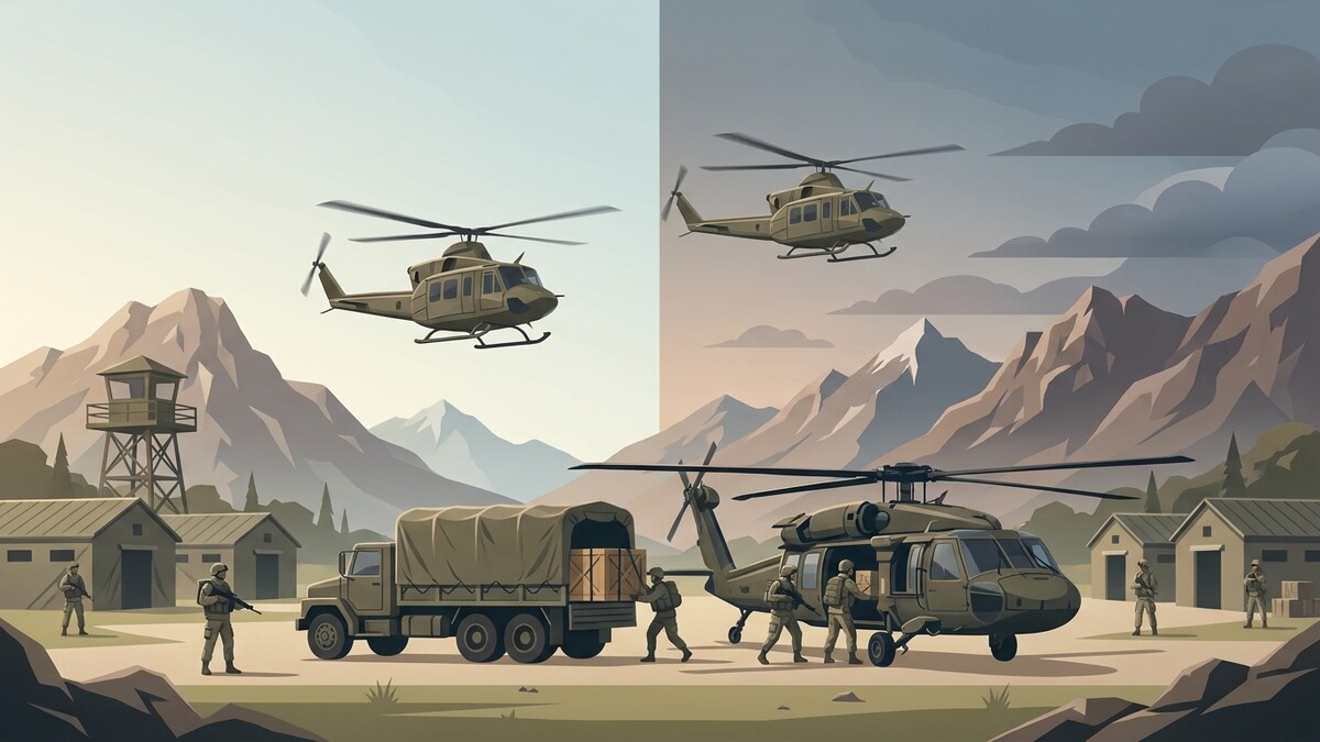 Militärhelikopter und Soldaten laden Kisten auf einen LKW bei einem Stützpunkt in den Bergen.